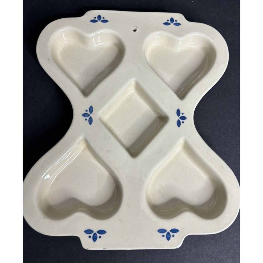 Roseville Friendship Pottery Muffin Pan Mold Heart Blue Floral Design
